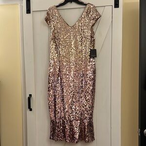 MARINA Gold Sequin Sheath Midi Dress